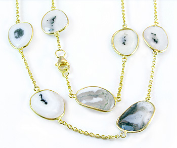 Gold Plated Over Silver Chain w/Bezelled Solar Chaceldony 36in (9x11 to 12x19mm) alt=