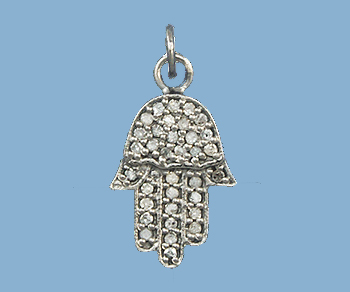 Sterling Silver Charm with Pave Diamonds Hamsa 19x11mm alt=