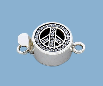 Sterling Silver Clasp w/Pave Diamonds Round Peace 14x7mm alt=