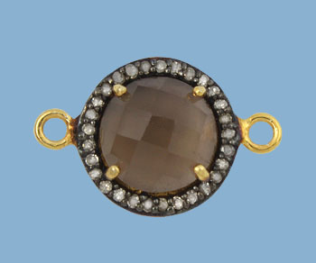 Gold Plated over Silver Connector w/Pave Diamonds & Smokey Quartz Round 14mm alt=