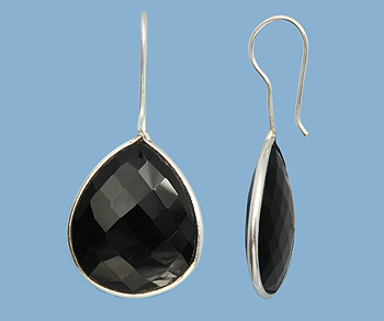 Sterling Silver Bezelled Earrings Black Onyx Pear 24x20mm alt=