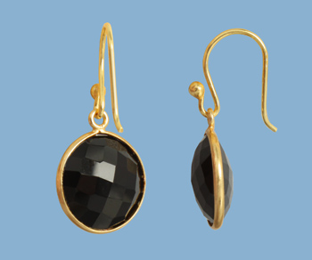 Gold Plated over Silver Bezelled Earrings Black Onyx Round 16mm alt=