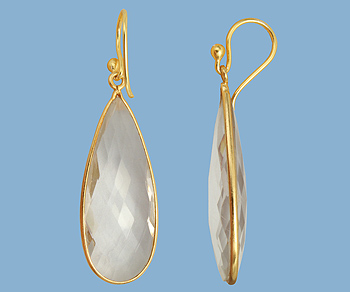 Gold Plated over Silver Bezelled Earrings Clear Quartz Teardrop 16x37mm alt=