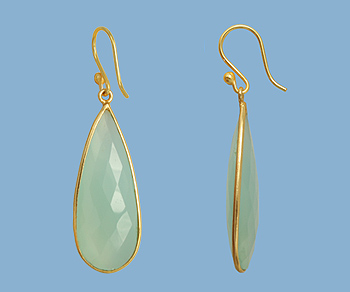 Gold Plated over Silver Bezelled Earrings Sea Green Chalcedony Teardrop 16x37mm alt=